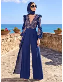 Sonia Pena 1250026 | Elegant blue lace blouse and silk trousers suit