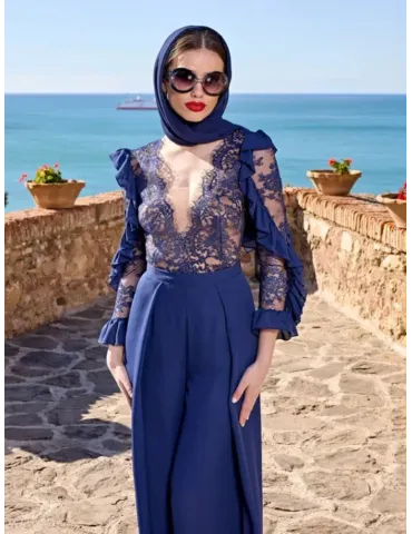 Sonia Pena elegant blue lace blouse and silk trousers suit 2