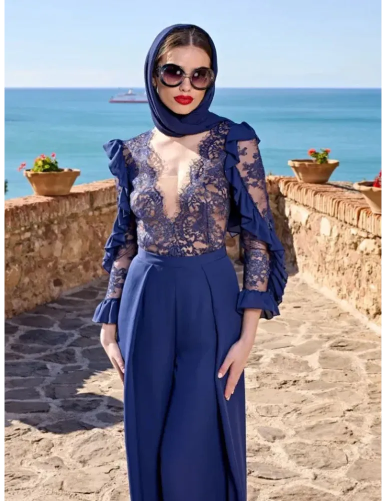 Sonia Pena 1250026 | Elegant blue lace blouse and silk trousers suit