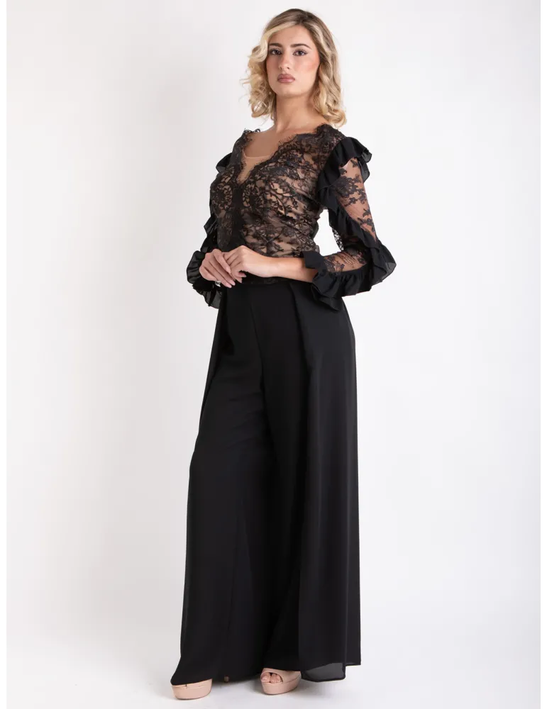 Sonia Pena elegant black lace blouse and silk trousers suit