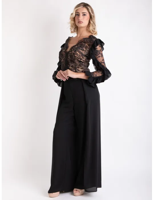 Sonia Pena elegant black lace blouse and silk trousers suit