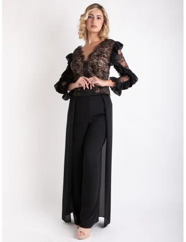 Sonia Pena elegant black lace blouse and silk trousers suit