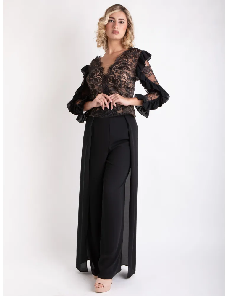 Sonia Pena 1250026 | Elegant black lace blouse and silk trousers suit