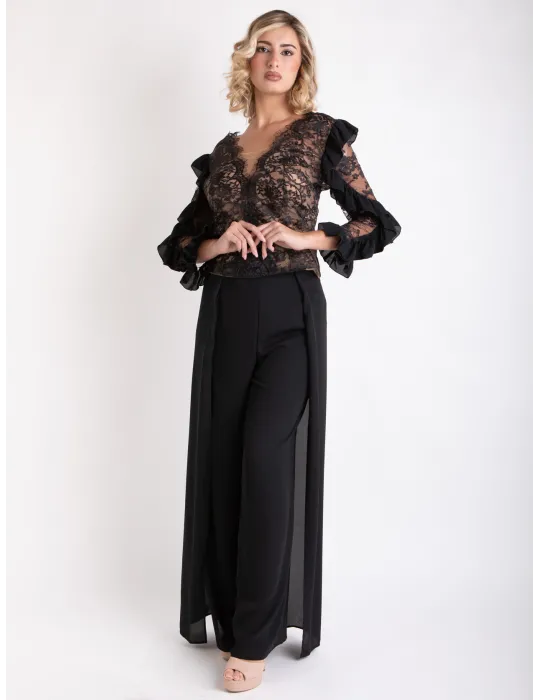 Completo elegante top di pizzo e pantaloni nero Sonia Pena 1250026