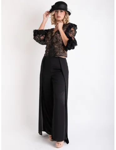 Sonia Pena elegant black lace blouse and silk trousers suit 2