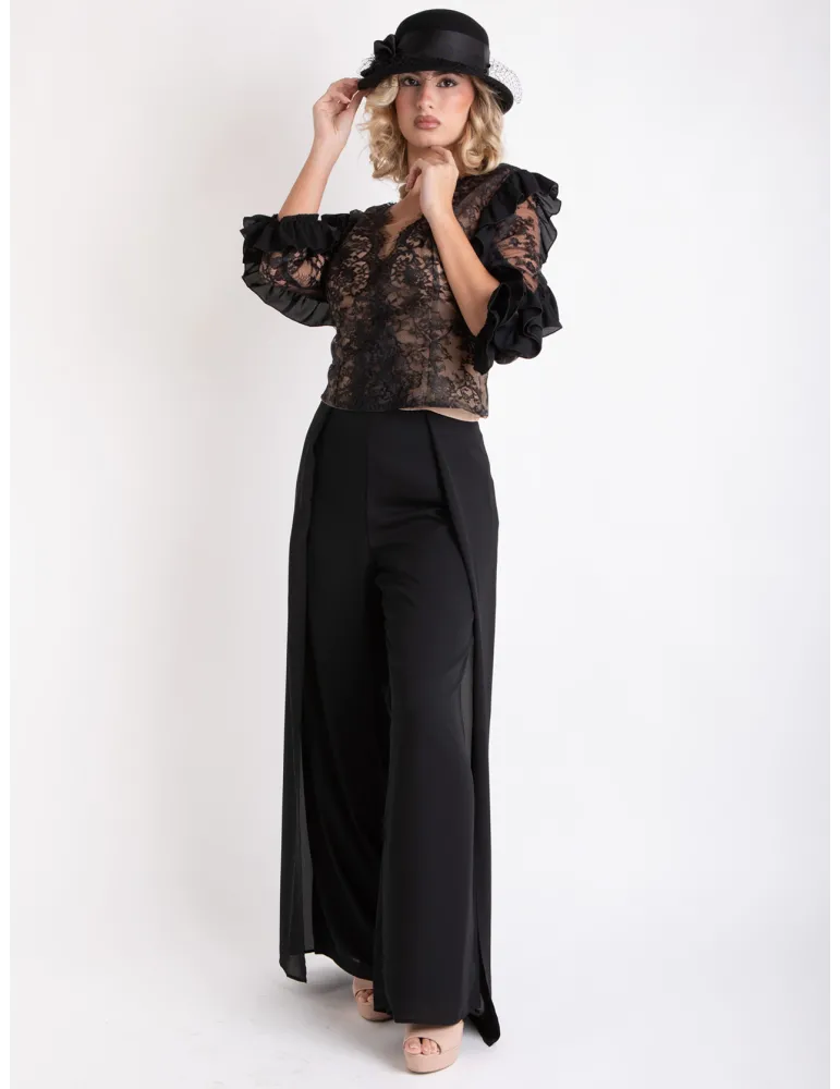 Sonia Pena 1250026 | Elegant black lace blouse and silk trousers suit