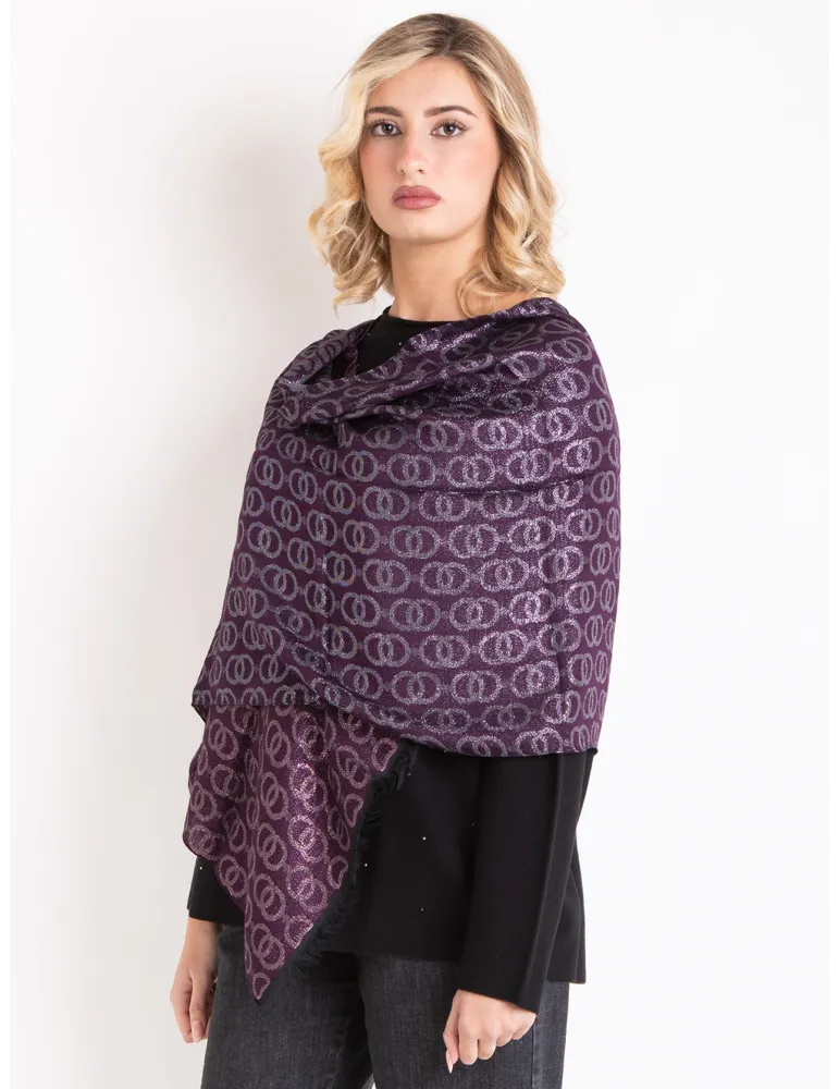 Sciarpa jacquard nero viola rosa con disegno Chanel in lurex | Bissoli