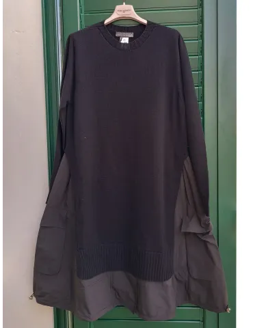 Black Two-Fabric Dress with Cargo Pockets and Drawstring