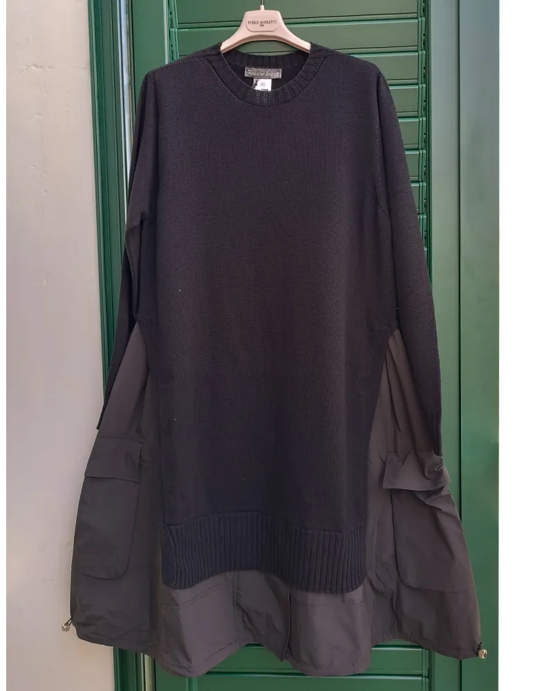 Black Two-Fabric Dress with Cargo Pockets and Drawstring Black Two-Fabric Dress with Cargo Pockets and Drawstring