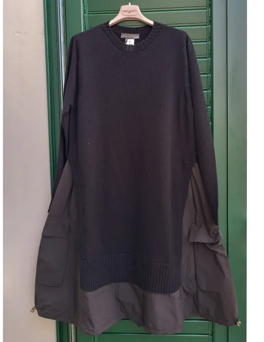 Black Two-Fabric Dress with Cargo Pockets and Drawstring Black Two-Fabric Dress with Cargo Pockets and Drawstring