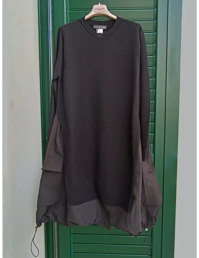 Black Two-Fabric Dress with Cargo Pockets and Drawstring
