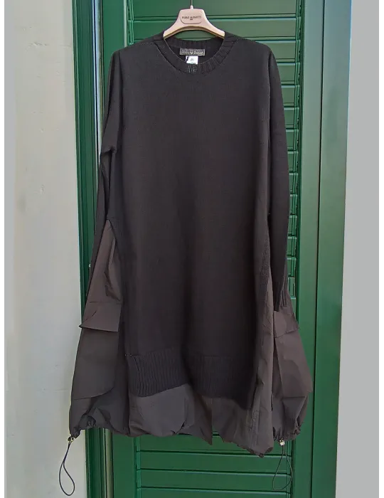 Black Two-Fabric Dress with Cargo Pockets and Drawstring