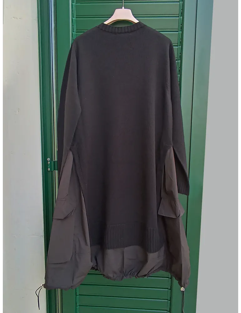 Black Two-Fabric Dress with Cargo Pockets and Drawstring