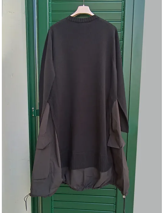 Black Two-Fabric Dress with Cargo Pockets and Drawstring