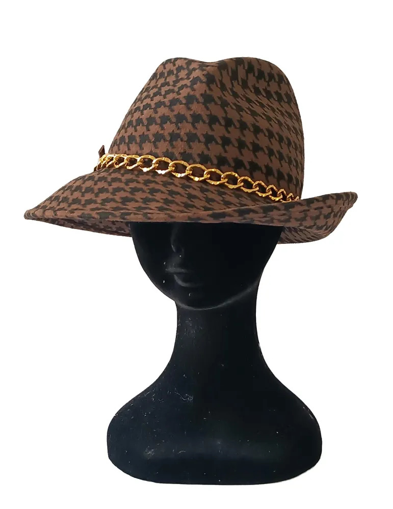 Asymmetrical brown pied de poule printed fedora Jazz hat Asymmetrical brown pied de poule printed fedora Jazz hat