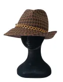 Asymmetrical brown pied de poule printed fedora Jazz hat