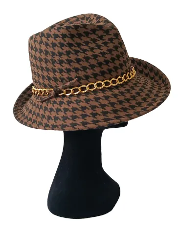 Asymmetrical brown pied de poule printed fedora Jazz hat 2