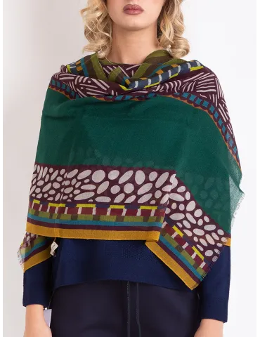 Nicki Colombo Green and burgundy printed wool scarf 2