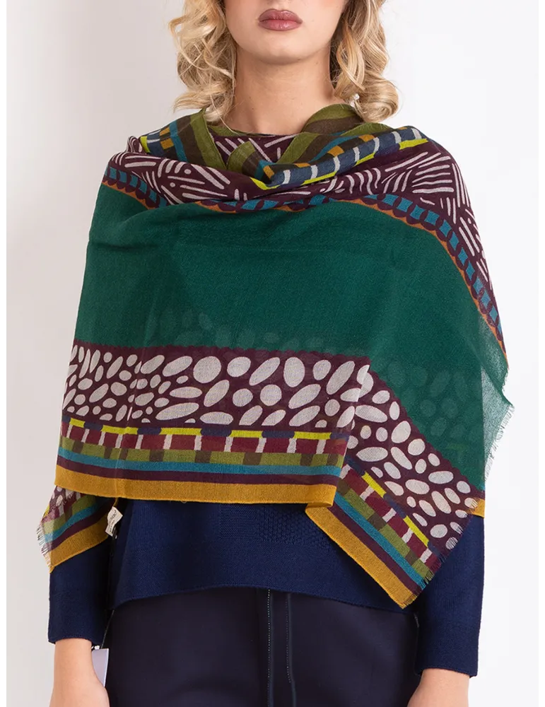 Nicki Colombo Green and burgundy printed wool scarf