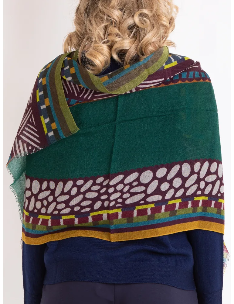 Nicki Colombo Green and burgundy printed wool scarf