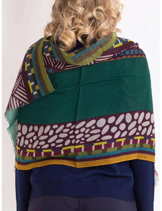 Nicki Colombo Green and burgundy printed wool scarf