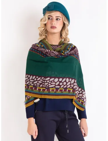 Nicki Colombo Green and burgundy printed wool scarf