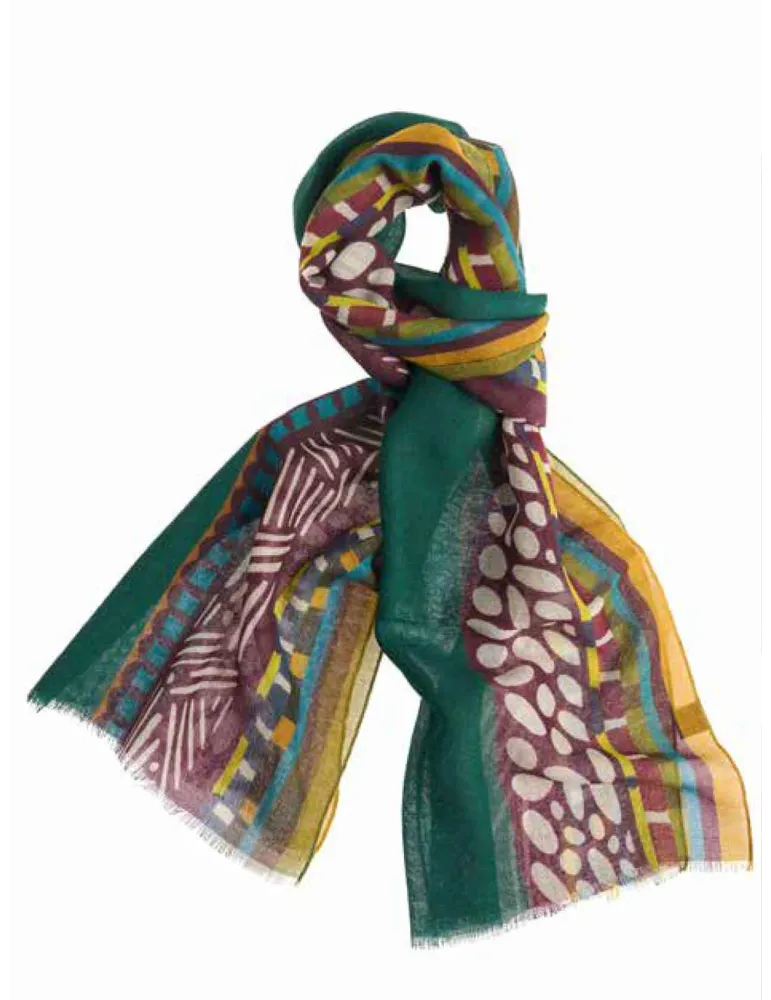 Nicki Colombo Green and burgundy printed wool scarf