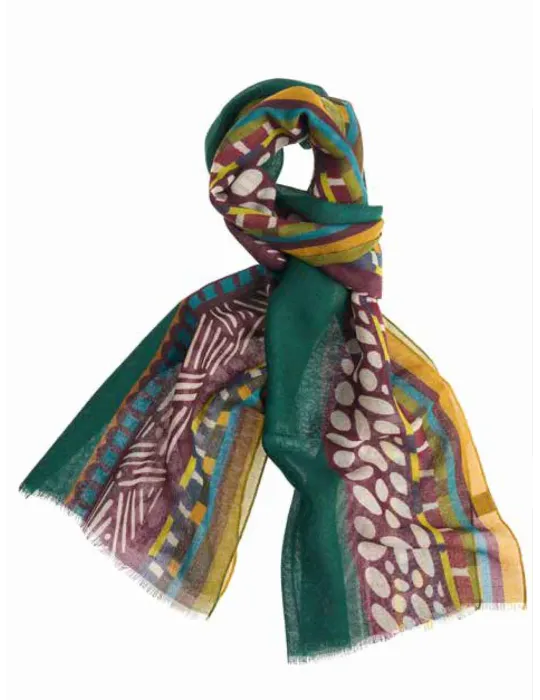 Nicki Colombo Green and burgundy printed wool scarf
