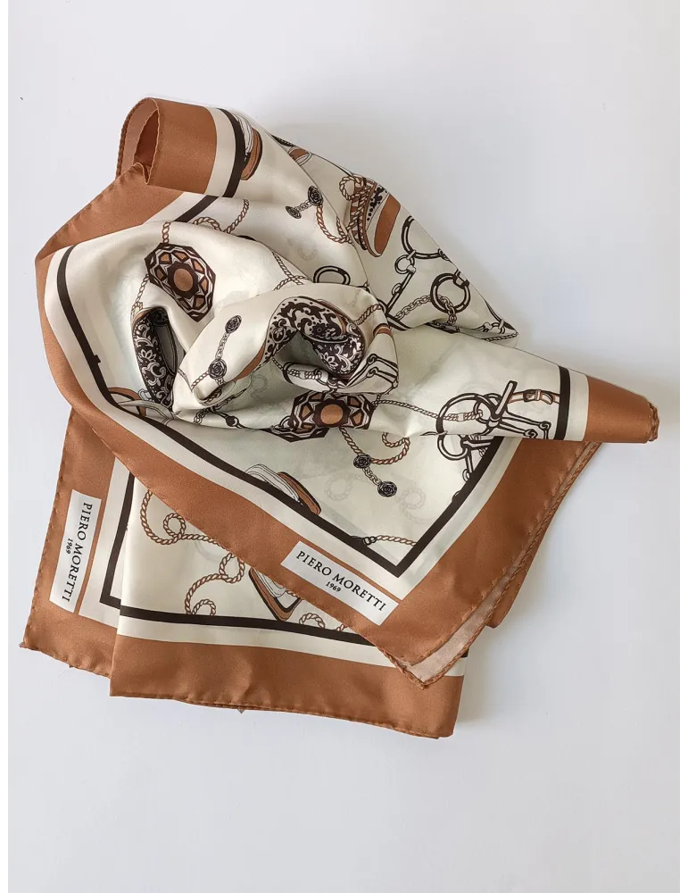 Camel Beige equestrian printed twill silk satin foulard scarf