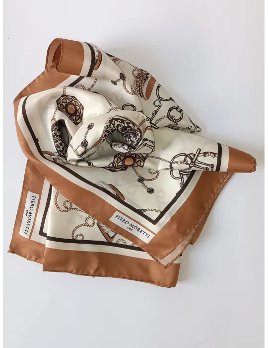 Camel Beige equestrian printed twill silk satin foulard scarf
