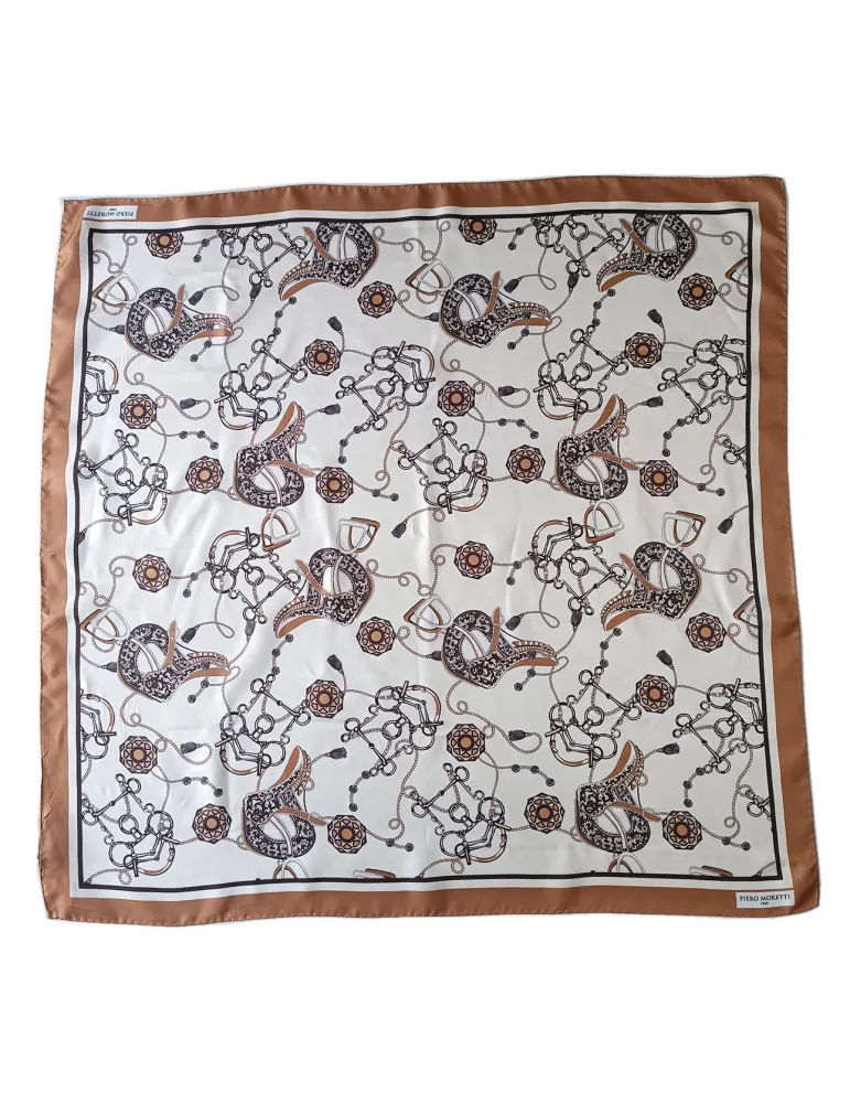 Camel Beige equestrian printed twill silk satin foulard scarf Camel Beige equestrian printed twill silk satin foulard scarf