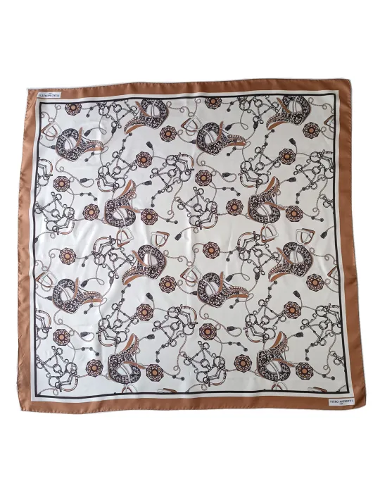 Camel Beige equestrian printed twill silk satin foulard scarf Camel Beige equestrian printed twill silk satin foulard scarf