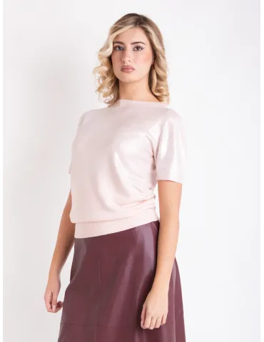 Rubamori Maglieria | Twinset in viscosa rosa cipria spalmato argento 2