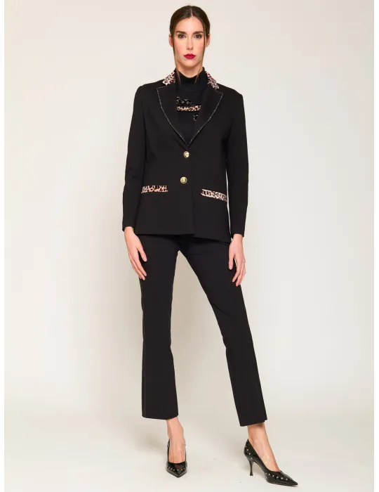 Giacca nera blazer con strass e profili animalier Francesca Mercuriali