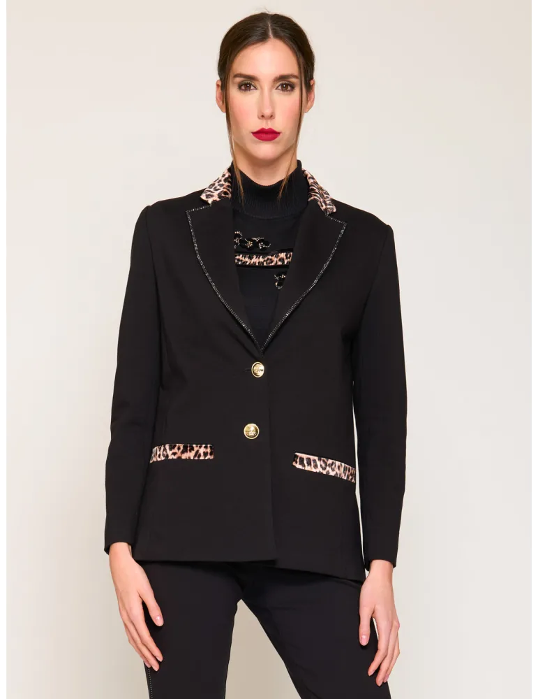 Giacca nera blazer con strass e profili animalier Francesca Mercuriali