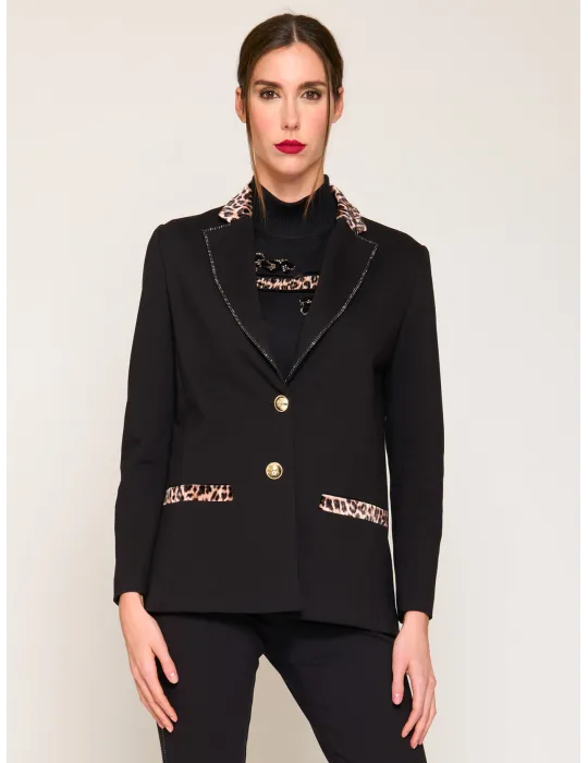 Giacca nera blazer con strass e profili animalier Francesca Mercuriali