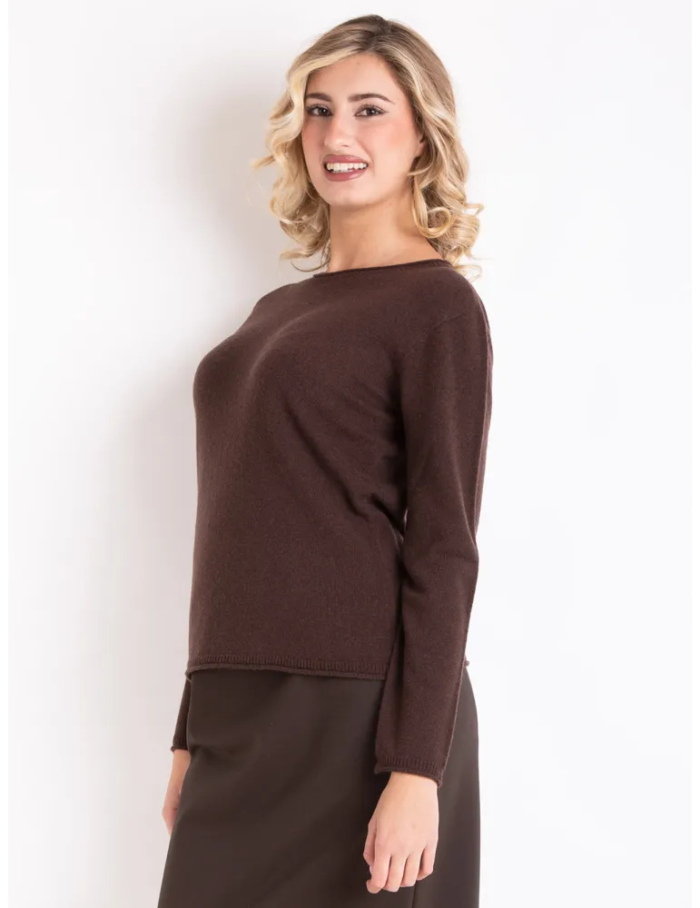 Chocolate brown merino and cashmere plain sweater