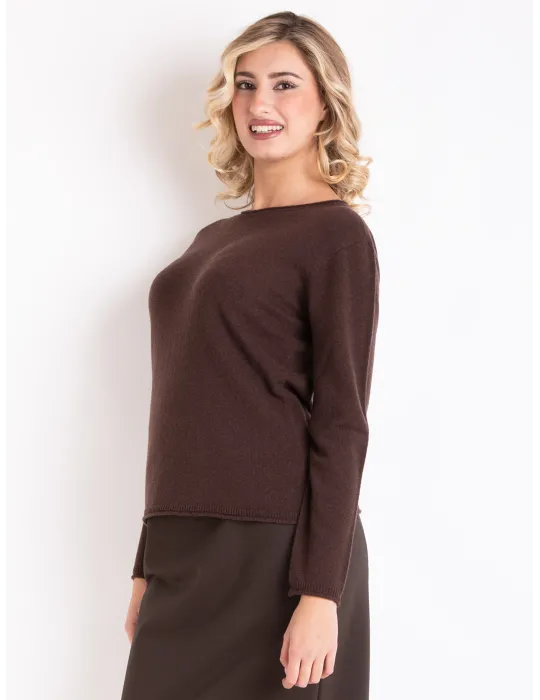 Chocolate brown merino and cashmere plain sweater