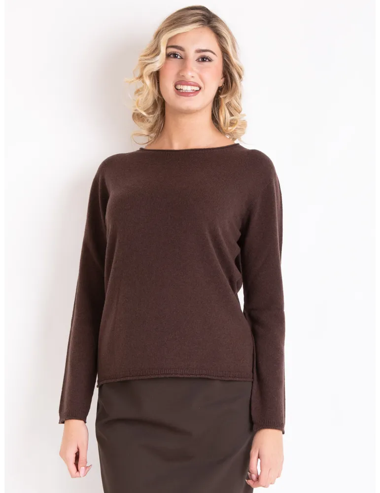 Chocolate brown merino and cashmere plain sweater