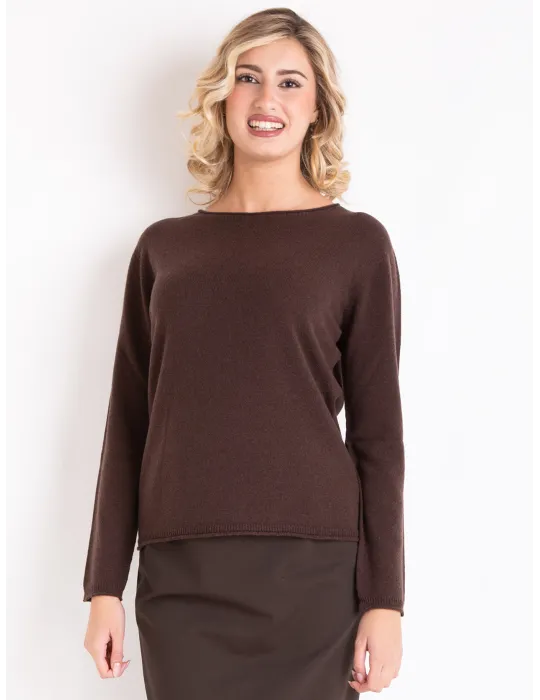 Chocolate brown merino and cashmere plain sweater