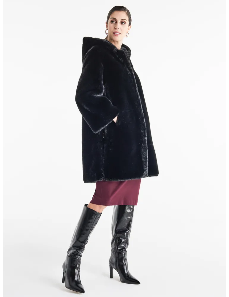 Piero Moretti Black Reversed Shearling Fur Hooded Coat