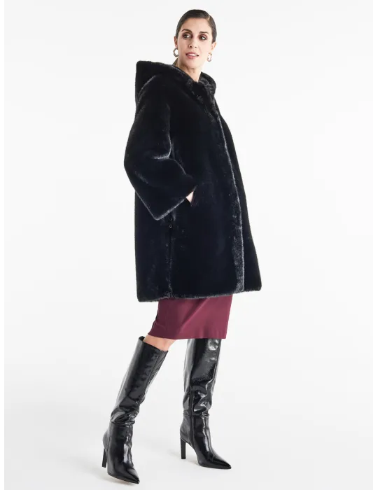 Piero Moretti Black Reversed Shearling Fur Hooded Coat