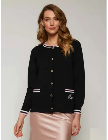Black cardigan jacket in extrafine merino Wool with profiles