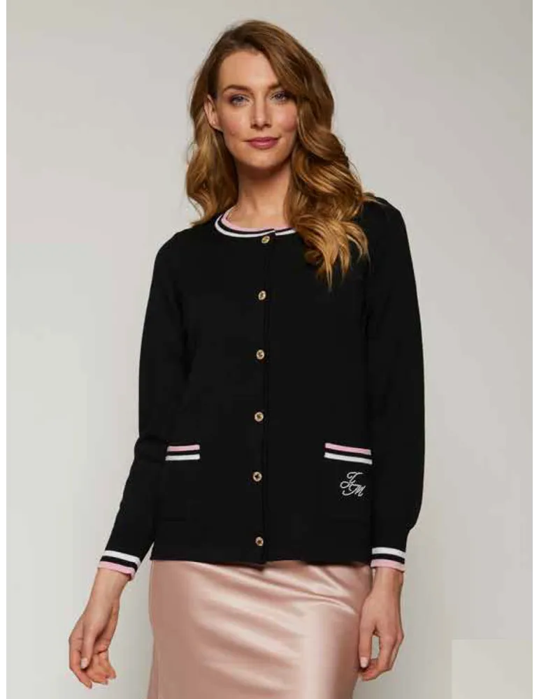 Black cardigan jacket in extrafine merino Wool with profiles