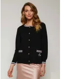 Black cardigan jacket in extrafine merino Wool with profiles