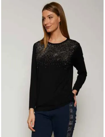 F.sca Mercuriali | T-shirt con ricamo di strass e borchie oro e nero