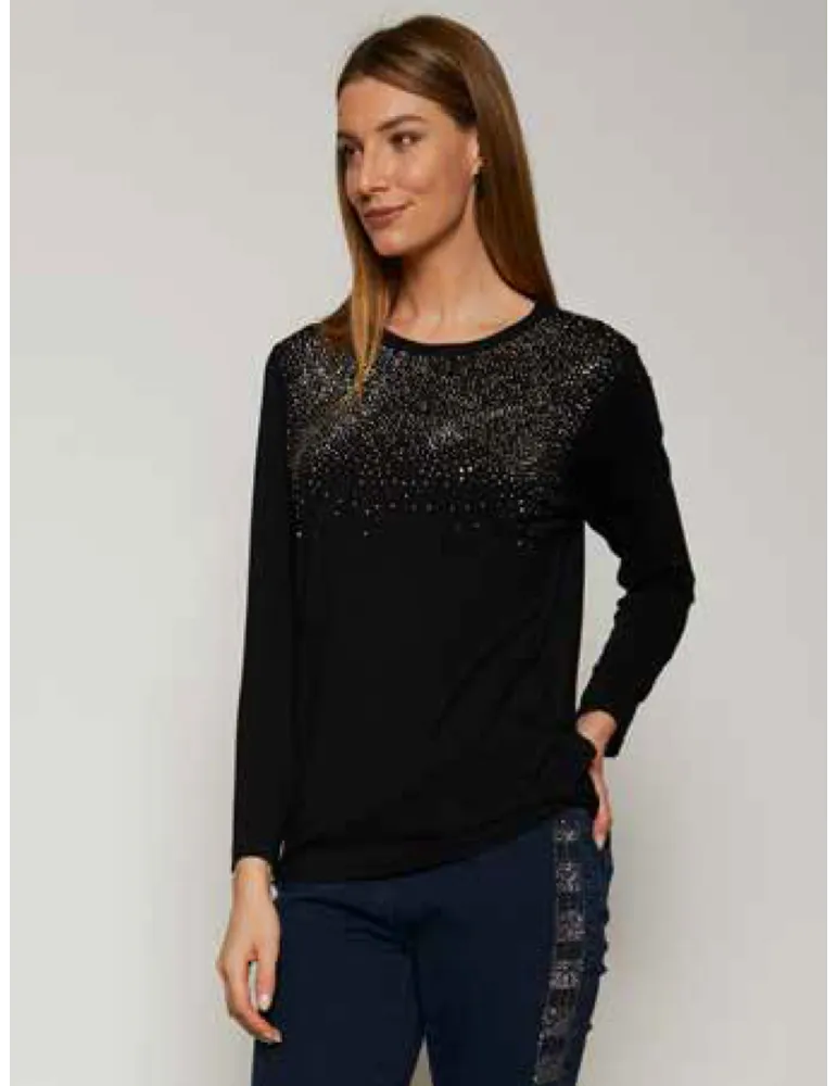 Black t-shirt with shiny golden rhinestones front embroidery