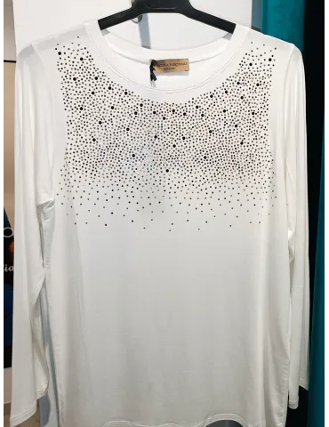 F.sca Mercuriali | T-shirt con ricamo di strass e borchie oro e nero