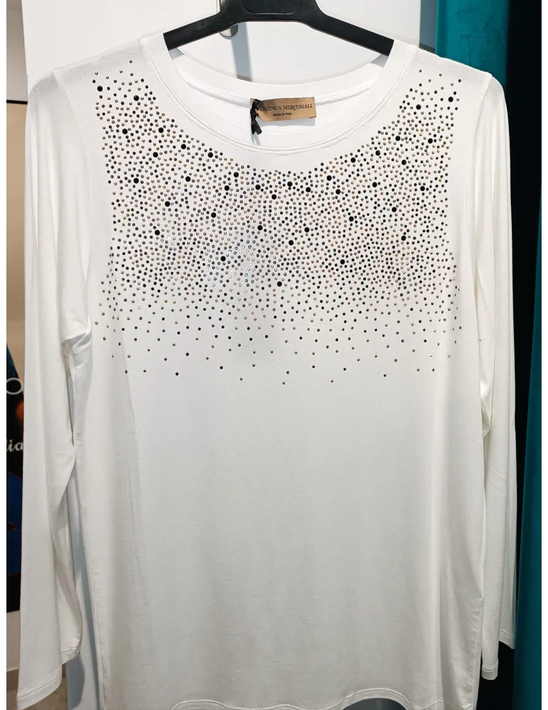 White t-shirt with shiny golden rhinestones front embroidery