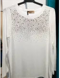 White t-shirt with shiny golden rhinestones front embroidery